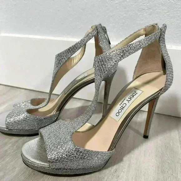 Jimmy Choo Womens Heels Size 38.5-8 Silver Glitter Platform Zip Back Glamorous - Picture 1 of 11